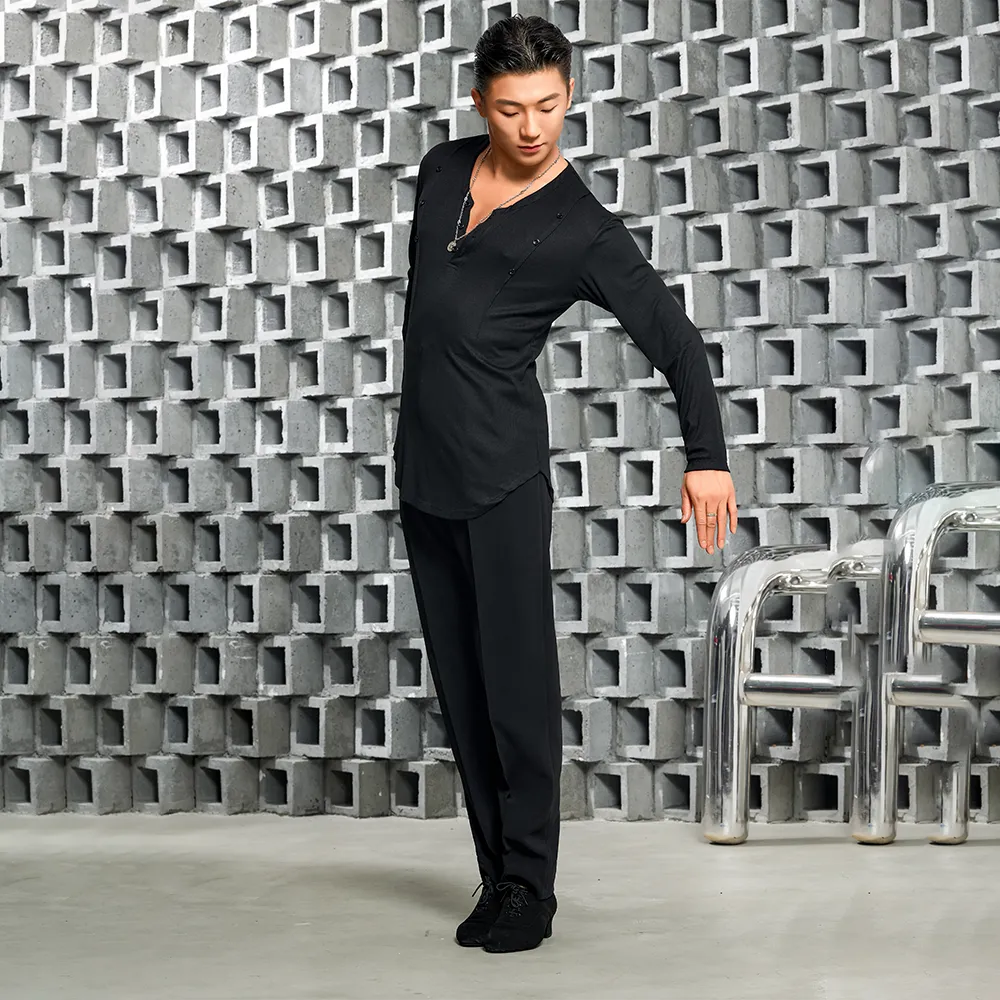NY682 Men’s Button‑Detail Long‑Sleeve Latin Dance Top